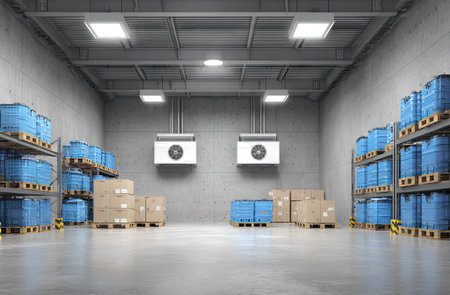 An interior warehouse scene displays packaged boxes and containers on shelves. Cool tones dominate the composition, featuring blue and brown hues. The lighting is bright and artificial, suggesting an indoor environment. This image could be suitable for illustrating concepts related to storage, logistics, and distribution.の素材