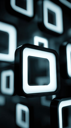 An abstract design features glowing square shapes against a dark background. The repeating forms are in varying sizes, and the style suggests a modern, geometric theme. The lighting creates depth and contrast, with a cool color palette. This image could be suitable for various design or illustrative applications.の素材