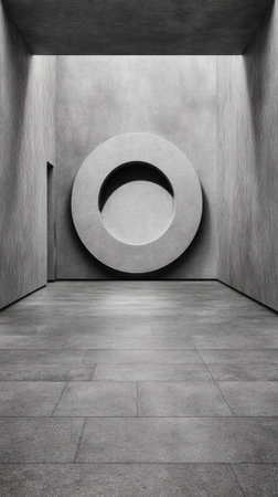 A grayscale interior showcases a large circular form centered on a wall. The image features a minimalist aesthetic with textured concrete surfaces. The composition highlights clean lines and geometric shapes, suitable for architectural or design projects. Ideal for commercial and editorial uses.の素材