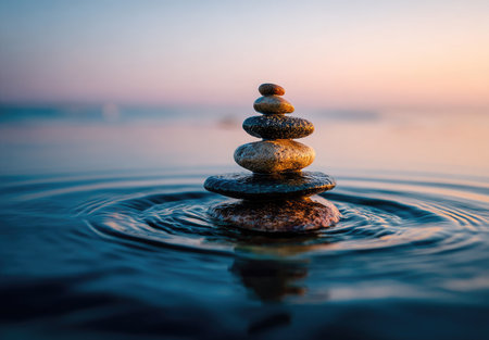 A stack of smooth stones is carefully balanced on the water's surface, creating concentric ripples. The composition presents a harmonious display of natural colors with soft textures. The setting suggests a tranquil outdoor environment during dusk. This image can be used in various projects requiring calm or balance.の素材
