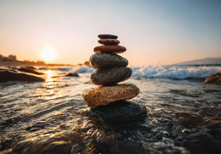 A stack of smooth stones is carefully balanced on the water's surface. The image features a warm color palette with oranges and blues. The composition uses natural light from the setting sun. Ideal for illustrating themes of balance, nature, and relaxation. Could be used for meditation or wellness content.の素材