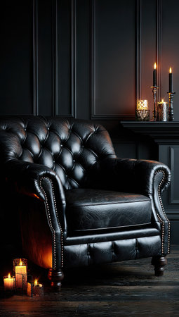 A luxurious black leather armchair is the focal point, illuminated by soft candlelight. The image presents a dark, moody interior with a wooden floor and wall panels. The composition emphasizes texture and contrast, suitable for various design and decor projects and editorial features.の素材