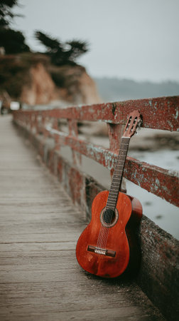 An acoustic guitar leans against a weathered wooden railing of a bridge, near the water. The image showcases warm tones, with highlights and shadows suggesting natural lighting. This image can be used for editorial content, advertising materials, and various design projects.の素材