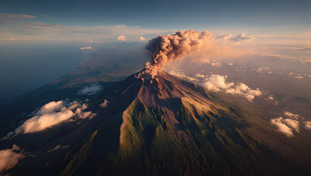 An aerial view showcases an active volcano erupting, expelling a plume of smoke. The image highlights the mountain's rugged texture and the ethereal clouds. Warm sunlight bathes the scene, creating a dynamic interplay of light and shadow. This image could be used for scientific publications or editorial content.の素材