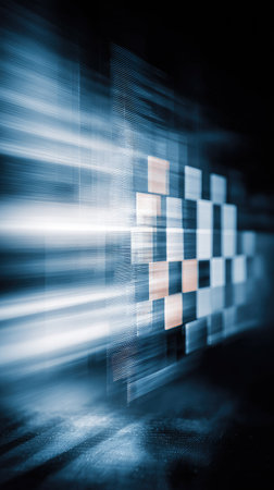 This abstract image presents a dynamic composition featuring a geometric arrangement. It employs shades of blue and a focused light effect, suggesting motion. The image's style could suit diverse commercial applications, including technology, design, and visual presentations. The dark background emphasizes the luminous qualities and creates a sense of depth.の素材