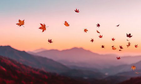 Red-orange leaves drift across a warm sunset backdrop with layered mountain silhouettes. The photograph displays natural light, creating a soft and inviting atmosphere. The image could be used for various purposes, including seasonal advertising, print materials, or as decorative elements for websites.の素材