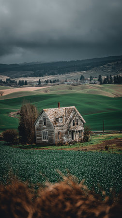 An old wooden house stands solitary in a field, its weathered facade a testament to time. The scene is characterized by shades of green, brown, and grey. Overcast lighting casts shadows across the landscape. This image is suitable for use in illustrating themes of isolation and the passage of time.の素材