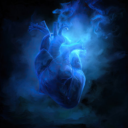 A stylized depiction showcases a glowing blue heart enveloped by smoky particles. The artwork uses dramatic lighting effects and a dark background to accentuate the anatomical form. This conceptual illustration may be useful in presentations about health, medicine, or creative design projects.の素材