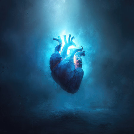 An illuminated depiction of a human heart glows against a dark, smoky backdrop. The image showcases a cool color palette of blues and whites, with highlights creating a sense of depth and dimension. This artistic representation may be used in various contexts, including healthcare and conceptual designs.の素材