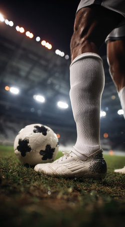 A close-up showcases a soccer player's foot and a soccer ball on green grass. The composition features a shallow depth of field, focusing on textures and details. The scene is illuminated by overhead lights, suggesting an evening game, suitable for sports editorials or marketing materials.の素材