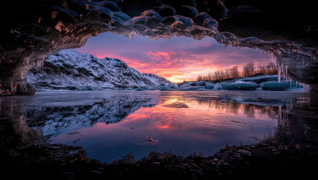A winter landscape is framed by a cave opening, revealing a lake reflecting a vibrant sunset. The sky displays warm colors, with the landscape coated in snow and ice. The composition uses natural textures and lighting to create a dramatic visual scene. This image is suitable for editorial content and environmental themes.の素材
