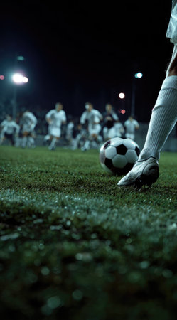 A close-up shot showcases a soccer player's foot about to strike a ball. The scene unfolds on a green field under bright floodlights, with players in white uniforms visible in the background. The composition focuses on action and athletic competition. This image can be used for sports-related content, promotional materials, or editorial articles.の素材