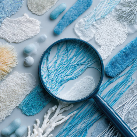 Various textile samples in shades of blue and white are presented alongside a magnifying glass, exploring the details of each fabric. The composition is overhead, with soft lighting creating subtle shadows. This visual presentation could be used in materials science publications or design-related projects, offering creative possibilities.の素材
