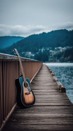 An acoustic guitar leans against a wooden railing on a pier, overlooking a body of water and a distant mountain range. The image displays cool color tones, with wooden textures and a blurred background. It suggests a calm environment, suitable for various creative and commercial projects related to music or nature.の素材