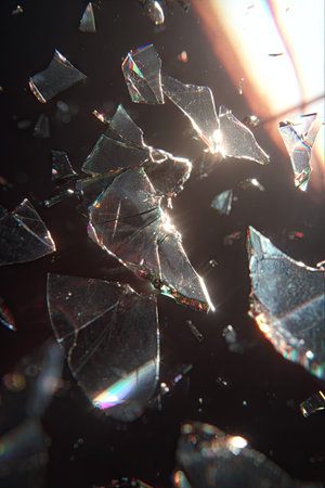 The image features shattered glass fragments suspended against a dark backdrop. The composition highlights sharp edges and reflective surfaces. The lighting is dramatic, suggesting a beam of light. The scene could illustrate disruption, destruction, or abstract concepts for commercial design or editorial purposes.の素材