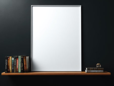 A blank, white picture frame is centered on a wooden shelf, accompanied by a collection of books and a small decorative object. The composition is set against a dark, textured background. The lighting appears to be natural, with soft shadows, enhancing the details. This image is suitable for various commercial or editorial applications.の素材