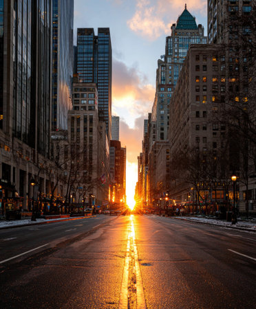 A cityscape photograph captures a street leading towards the setting sun. The image displays tall buildings lining the road, with sunlight creating a warm, golden glow. The composition emphasizes perspective, with the road's lines converging towards the horizon. It may be used for travel blogs or urban landscape promotions.の素材