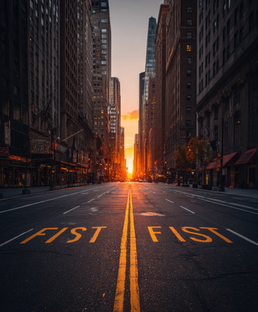 The image presents a city street leading towards the horizon, flanked by tall buildings. The scene features a warm color palette with the setting sun illuminating the road. The composition emphasizes perspective. This image could be used for various commercial projects and editorial illustrations.の素材