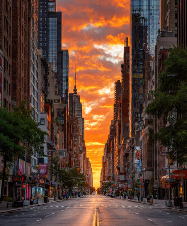 A city street is shown with tall buildings on either side, leading the viewer's eye to a vibrant orange sunset. The composition showcases long, vertical lines with variations in building heights and textures. The warm lighting creates an inviting atmosphere. It could be used in architectural, urban planning, or travel publications.の素材