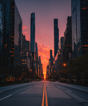 A long, empty road stretches towards a vibrant sunset framed by tall buildings. The composition highlights architectural symmetry and depth. Warm colors dominate the sky, contrasting with the dark silhouettes of the structures. This image is suitable for a range of commercial uses, including promotional material and illustrative content.の素材