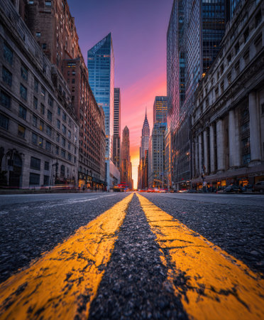 A cityscape presents tall buildings lining a street, leading to a colorful sunset. The asphalt road features yellow lines, leading the viewer's eye to the horizon. The image displays a modern architectural style, with a sense of depth and perspective suitable for various commercial and editorial applications.の素材