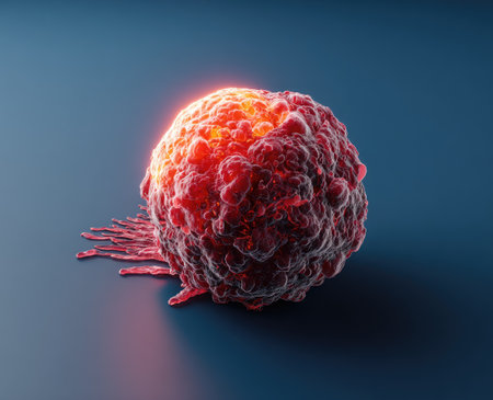 This image presents a detailed illustration of a cancer cell, showcasing its complex structure with vibrant red and orange hues against a deep blue backdrop. The digital art piece features a highly detailed surface and radiating elements. Suitable for scientific publications, educational materials, and visual representations of medical concepts.の素材
