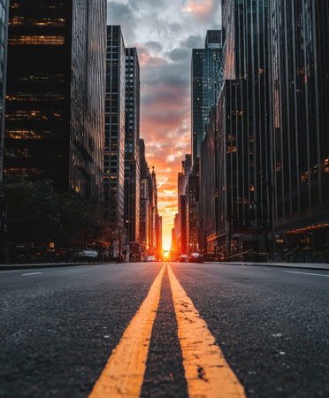 The image captures a city street lined with skyscrapers, showcasing an orange and red sunset. The composition features a road with yellow lines, creating a sense of perspective. This urban scene displays architectural details and warm colors. Suitable for commercial applications, the image may illustrate various themes.の素材