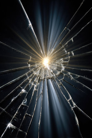 An image showcases shattered glass with light emanating from the center, creating a dramatic effect. The composition features sharp, jagged lines against a dark backdrop. The bright, central light illuminates the cracks, possibly symbolizing transformation or destruction. Suitable for various visual projects, it could be used for editorial or commercial purposes.の素材