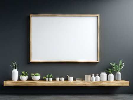 A wooden shelf displays various plants and white vases beneath a large, empty picture frame. The scene features a dark wall, creating a contrast with the bright, blank space. The composition uses natural light, ideal for showcasing art or design. This visual is suitable for editorial and commercial design applications.の素材