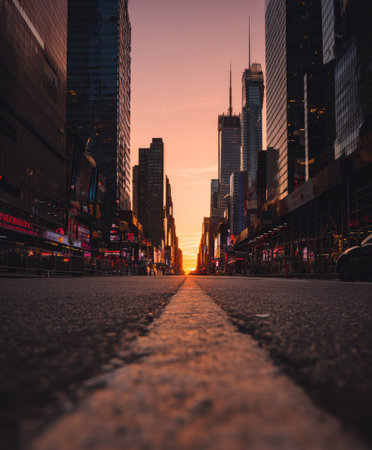 An urban scene captures a city's architecture during sunset. Tall buildings create a symmetrical composition, while the road guides the viewer's eye towards the horizon. The warm sunlight casts orange and golden hues across the scene. Suitable for commercial projects related to urban landscapes and city life.の素材