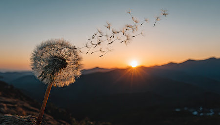 A close-up view shows a dandelion seed head with seeds dispersing into the air, set against a vibrant sunset. The warm light and colors create a serene atmosphere, with soft textures of the plant contrasting against the blurred background. This image could be used for various commercial or editorial projects.の素材