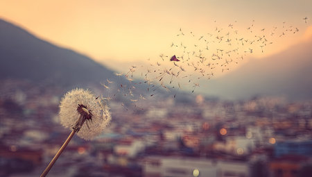 A close-up shows a dandelion with seeds blowing away, set against a blurred background. The image features a soft, warm color palette, highlighting a natural scene. The composition and lighting suggest outdoor ambiance, potentially suitable for various commercial applications related to nature or design.の素材