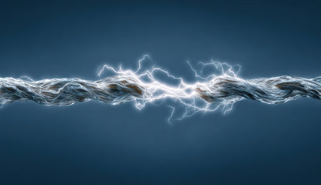 An image showcases a close-up view of a rope, dramatically illuminated by a bolt of lightning. The rope, with its textured surface, is positioned against a cool blue backdrop. The composition highlights a moment of intense energy. Ideal for illustrating concepts related to power, technology, and natural forces, suitable for various visual projects.の素材