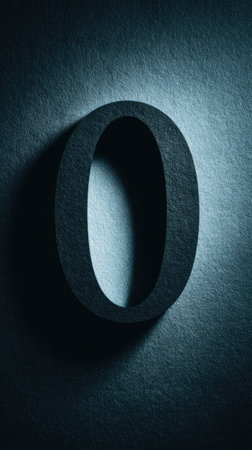 A large numeral zero stands out in a moody, dark composition. The subject is rendered with texture against a contrasting surface. The cool color palette includes shades of blue and gray, enhanced by dramatic lighting and shadow. Suitable for creative projects requiring a visual element with depth.の素材