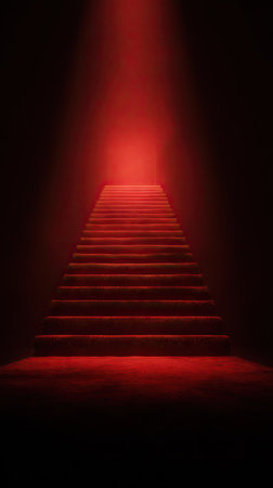 An ascending staircase, bathed in red light, dominates the frame. The composition uses strong lines and a top-down perspective. The scene is dimly lit, suggesting a mysterious interior. This visual could be used for conceptual projects, website backgrounds, or promotional material.の素材