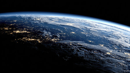 The image showcases Earth from space at night, revealing illuminated cities. The scene depicts a dark blue atmosphere and the planet's curvature. It presents a perspective on global environments, ideal for use in educational, scientific, or conceptual projects. This can also be used in visual storytelling or illustrative designs.の素材