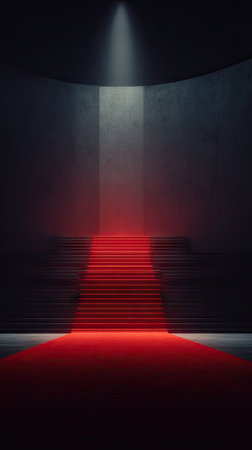 A red carpeted staircase ascends within a dimly lit interior, illuminated by an overhead spotlight. The image features a strong contrast between the red carpet and dark background. The composition suggests a sense of grandeur, potentially suitable for commercial use, presentations, or artistic projects.の素材
