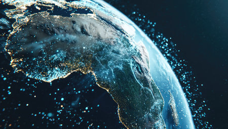 An artistic depiction of Earth from space showcases the planet's continents with vibrant city lights at night. The composition features a curved perspective with deep blue and dark hues. This image could be used for presentations, educational materials, or visual content related to technology and global connectivity.の素材