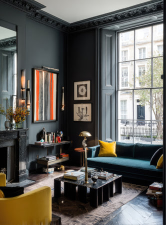 A sophisticated living room interior is illuminated by natural light filtering through a large window. The space features a sofa, artwork, and a coffee table. The color scheme is rich, with shades of teal, yellow, and gray. This image is suitable for interior design, architectural visualizations, and lifestyle content.の素材