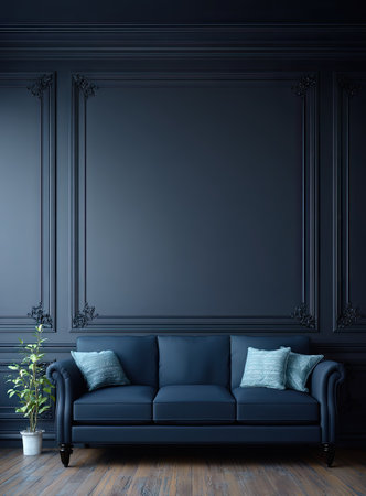 A classic interior showcases a blue sofa against a dark blue panelled wall. Decorative moldings frame the wall, enhancing the overall design. The scene includes a small potted plant, creating a contrast against the clean lines. This composition is suitable for editorial and commercial applications.の素材