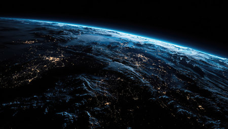 The image presents a high-angle view of planet Earth, showcasing the curvature and atmospheric glow, with visible city lights at night. The predominant colors are blues, blacks, and hints of yellow from illuminated urban areas. This composition could be utilized for educational materials or general illustrations.の素材