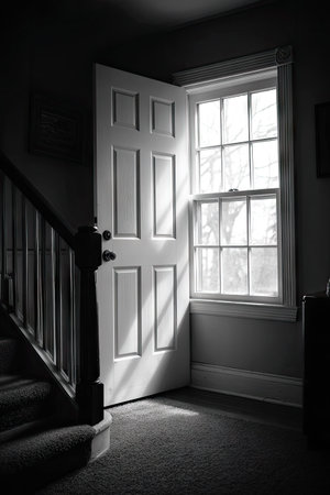 A grayscale image shows an open door and window. Sunlight streams through the window, casting shadows across the room's interior. The composition reveals a staircase and elements of an architectural space. Suitable for various applications, the image could be used in editorial or design projects.の素材