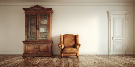 An interior scene features an aged wooden cabinet, a leather armchair, and a white door. The composition has warm lighting, with the objects appearing in a large room, featuring wooden flooring. This image is suitable for editorial content, advertising, or general design projects.の素材
