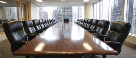 An interior shot features a long wooden conference table surrounded by black leather chairs. The composition includes a large window overlooking a cityscape, with bright natural lighting. The scene presents a professional business environment suitable for corporate presentations and commercial projects.の素材