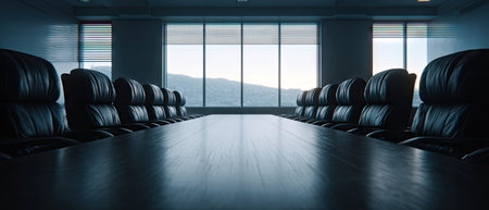 An empty boardroom is depicted with a long table flanked by rows of black chairs. Natural light streams in from a large window in the background. The interior setting suggests a professional environment, suitable for business presentations. This image can be used for commercial purposes, such as illustrating meetings or corporate discussions.の素材