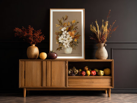 A wooden cabinet displays a framed floral artwork, vases, and colorful fruits. The arrangement is set against a dark wall, enhancing the contrast. Various textures and lighting effects suggest an indoor environment. This composition is suitable for editorial use and commercial projects.の素材