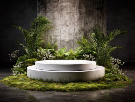 A white podium stands centered, surrounded by vibrant green foliage and soft moss. The composition features a dark, textured background enhancing the bright podium. Natural light seems to illuminate the scene, creating a serene and inviting atmosphere. Suitable for commercial and editorial uses.の素材
