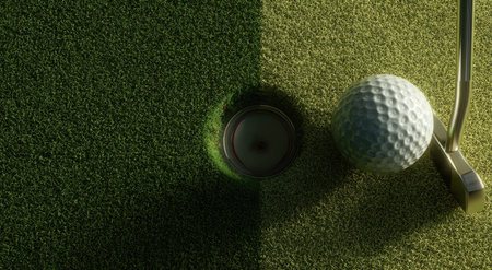 A golf ball rests near the edge of the hole on green artificial turf. The image displays a close-up, overhead perspective. The lighting appears natural, highlighting the textures of the ball and the grass. This scene could be used for various sports or leisure-related commercial projects.の素材