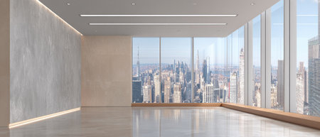 The image showcases a modern interior with large windows offering a scenic cityscape view. The space features polished floors and neutral-toned walls. The natural lighting illuminates the room, suggesting a daytime setting. This composition may be suitable for various commercial applications such as advertising and design.の素材