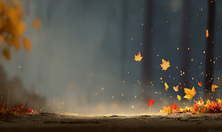 This digital illustration showcases falling autumn leaves against a hazy, soft-focus backdrop. Vivid yellow and orange foliage contrasts with a muted, blurred environment. The artwork employs a painterly style, creating a sense of depth and movement. Suitable for use in nature-themed designs, seasonal advertisements, or decorative projects.の素材